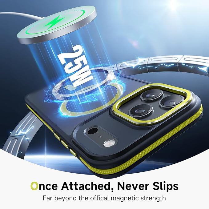 Magnetic 3 in 1 for iPhone 17 Pro Case, [Omni-Directional Protection] with 1x Screen Protector + 1x Camera Cover, [Seamless Work with Magsafe] Shockproof Slim Thin Case for iPhone 17 Pro Neon Yellow