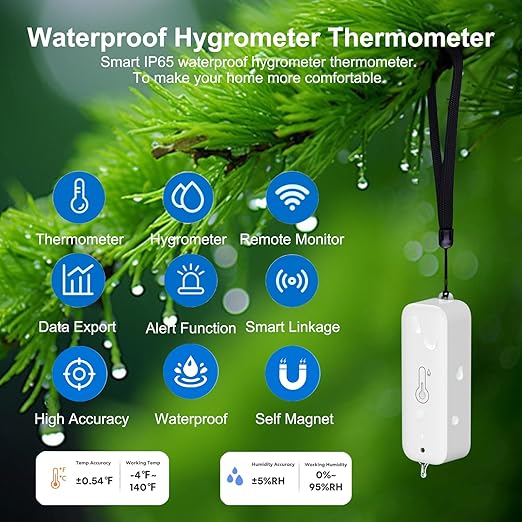 Smart Hygrometer Thermometer: Waterproof Humidity and Temperature Sensor Gauge with App Alert Notification, Indoor and Outdoor Self Magnet WiFi Temperature Sensor, Compatible with Alexa (4 Pack)