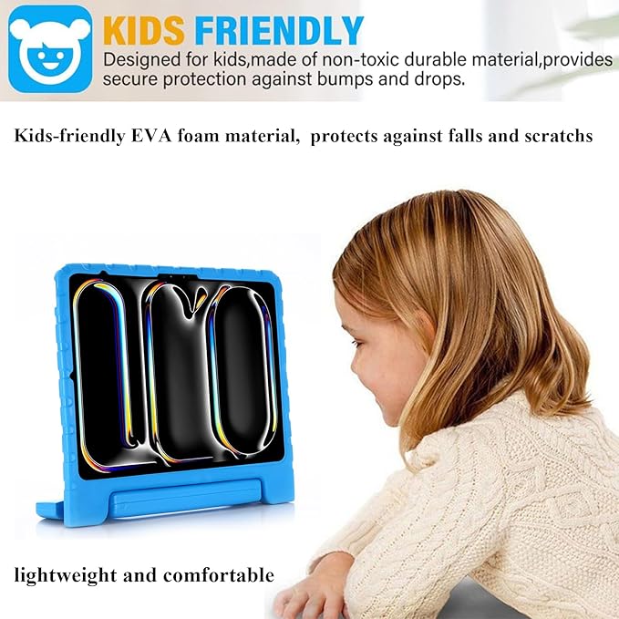 Kids Case for iPad Pro 13 inch M5/M4 (2025/2024) with Pencil Holder/Convertible Handle Stand Shockproof Slim Lightweight Cute Soft EVA Heavy Duty Rugged Kickstand Cover for Children, Blue