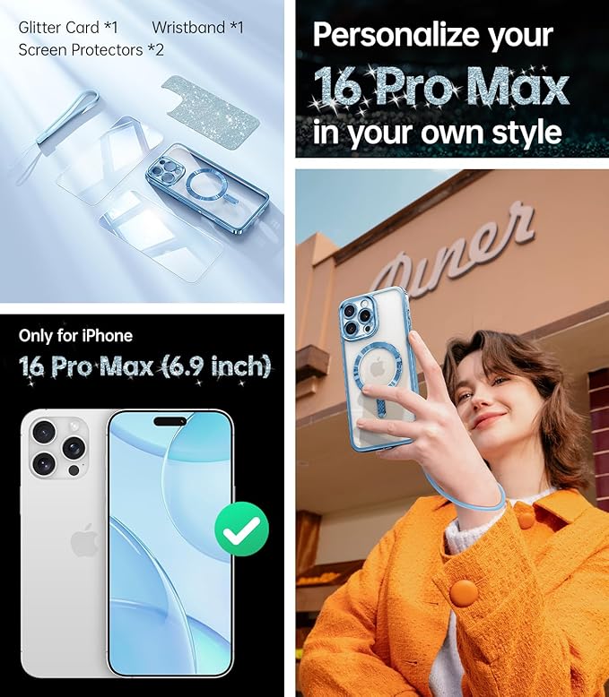 Meifigno Designed for iPhone 16 Pro Max Case 6.9", [Glitter Card & Wrist Strap] [Compatible with MagSafe] [2X Screen Protectors] Surround Raised Lens Protection Designed for 16 ProMax Case, Sky Blue