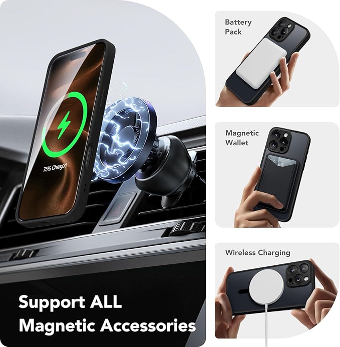 CAPRARO Magnetic Compatible with iPhone 16 Pro Case, Upgraded [Full Camera Protection] [Compatible with MagSafe] Protective Translucent Matte Women Girl Phone Case Cover, Black