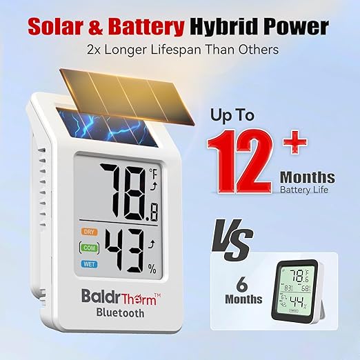 BaldrTherm WiFi Thermometer, Wireless Smart Thermometer, Remote Temperature Monitor with Gateway&Solar Sensor,200ft Coverage, App Alerts,12-Month Battery, Comfort Indicator, Data Sync Recover,3Pack