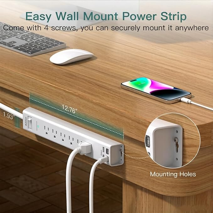 Addtam 5ft Power Strip Surge Protector, 6 Outlets and 4 USB Ports (2 USB C), Ultra Flat Plug Wall Mount, Multi Plug Outlet Extender Desktop Charging Station for Home Office Dorm Room Essentials