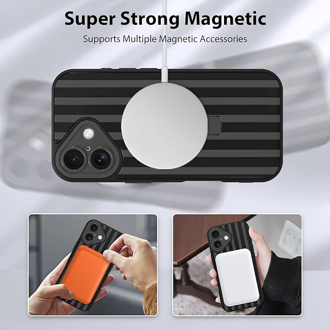 KANGHAR Compatible with iPhone 16 Case, Support for MagSafe, Silicone Stripes Cute Pattern, Wristband Kickstand Camera Protection Soft Slim Cover for Girls Women -Black