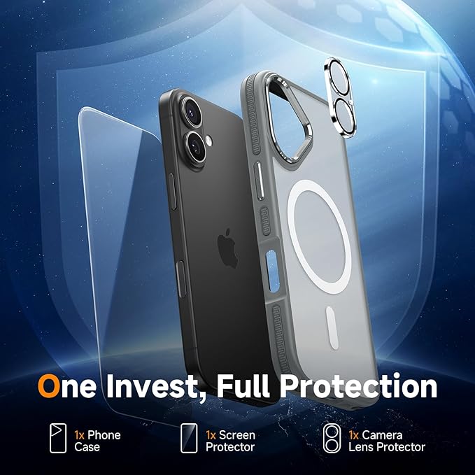 DOMAVER Magnetic 3 in 1 for iPhone 16 Case, [Omni-Directional Protection] with 1x Screen Protector + 1x Camera Cover, [Seamless Work with Magsafe] Protective Silm Case for iPhone 16 Light Gray
