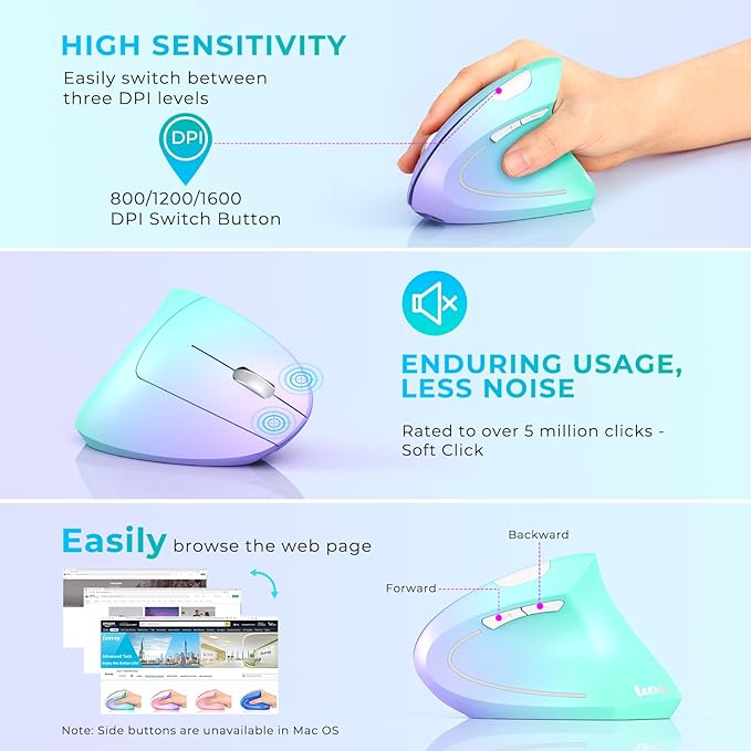Lekvey Ergonomic Mouse, USB C Wireless Vertical Mouse, Dual Mode Rechargeable USB-A & Type-C Ergo Mouse, 1600 DPI, Relieves Wrist Pain and Carpal Tunnel, for Laptop Computer Mac MacBook, Purple Green