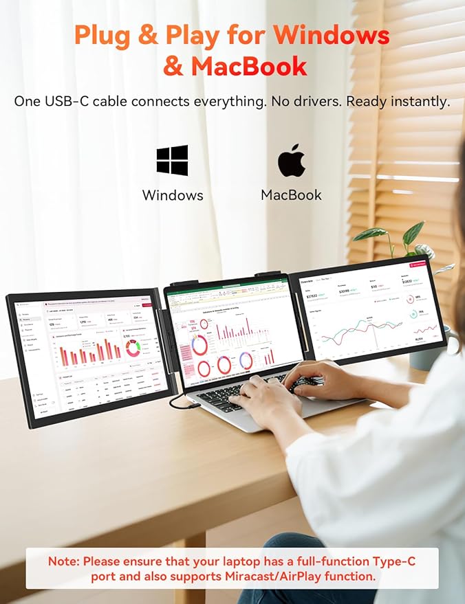 HotYeah Laptop Screen Extender, One Cable Connection (Windows & Mac), 14" 1080P Dual Portable Monitor, USB-C HDMI Wireless Travel Extended Display Triple Screen Monitor for 12-16.5" Laptop