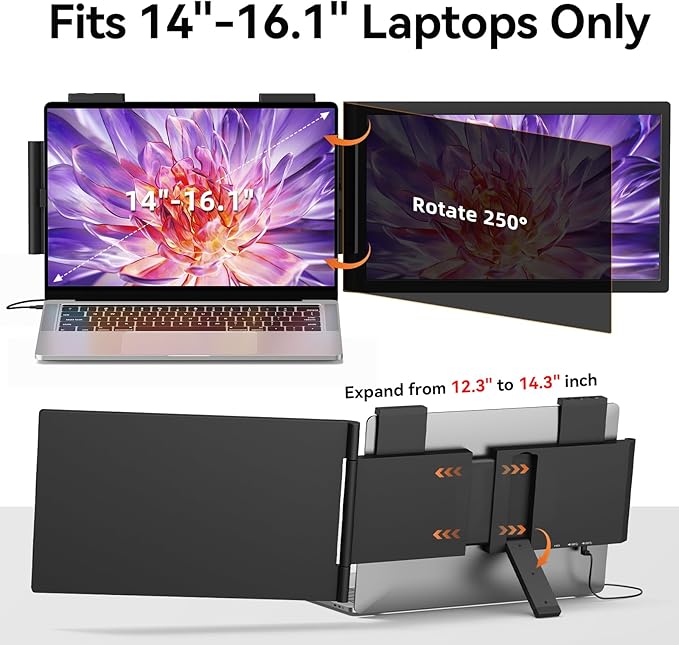 MAGICRAVEN Laptop Screen Extender, 14" 1080P Portable Monitor, Type-C HDMI Plug and Play for 13.3" - 16.1" Laptops, 270° Rotation Attachment Display for Windows/MacOS/Chrome Laptop Phone