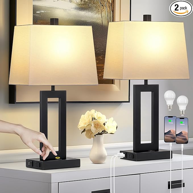 Cinkeda Table Lamp Set of 2 with USB C+A Ports & AC Outlet, Bedside Lamps, Modern Bedroom Lamps, Black Lamps for Bedroom Living Room,Nightstand Lamp（Push Button Swich/NO dimming
