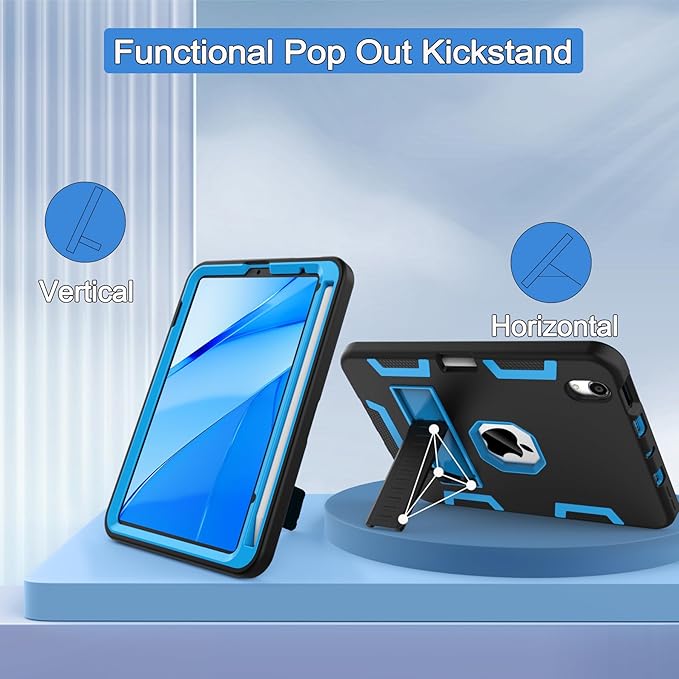 CCMAO for iPad mini 7 A17 Pro Case, iPad mini 6th/7th Generation Case (2021/2024), with Pencil Holder and Kickstand, Heavy Duty Shockproof Hybrid Three Layer Protective Cover, Black+Sky Blue