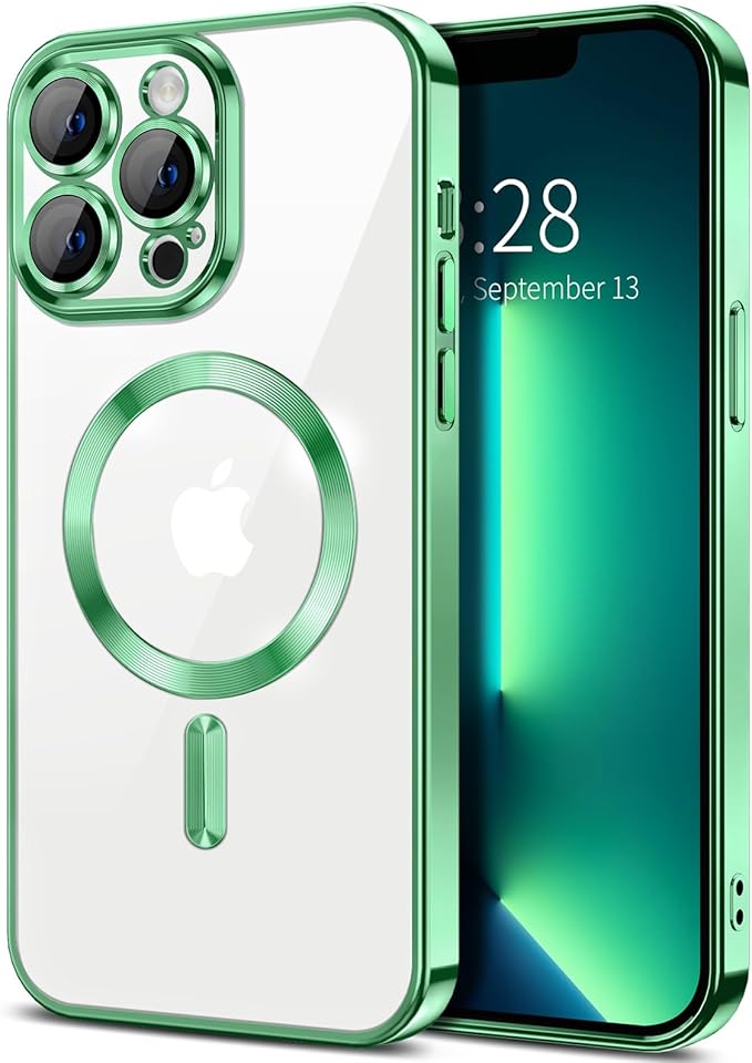 Hython Magnetic Clear for iPhone 13 Pro Case with Camera Lens Protector [Compatible with MagSafe] Luxury Plating Edge Slim Soft TPU Cover Protective Phone Case for iPhone 13 Pro 6.1", Light Green