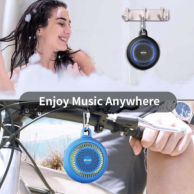 SOWO Shower Bluetooth Speaker Waterproof - Small Portable Wireless Clip Speaker with Louder Volume and Powerful Bass - Colorful Lights and 10H Playtime - Lightweight for Camping,Kayak,Boat - Blue