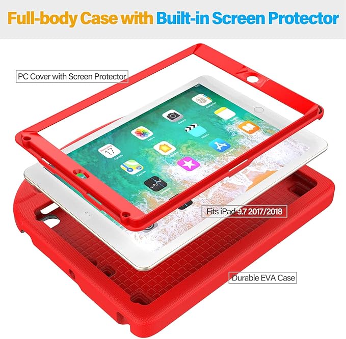 SUPLIK Kids Case for iPad 5th/6th Generation(9.7 inch, 2017/2018), iPad Air 2/1 & Pro 9.7 Case with Screen Protector, Durable Protective Cover with Handle Stand for Apple iPad 5/6 Gen, Red