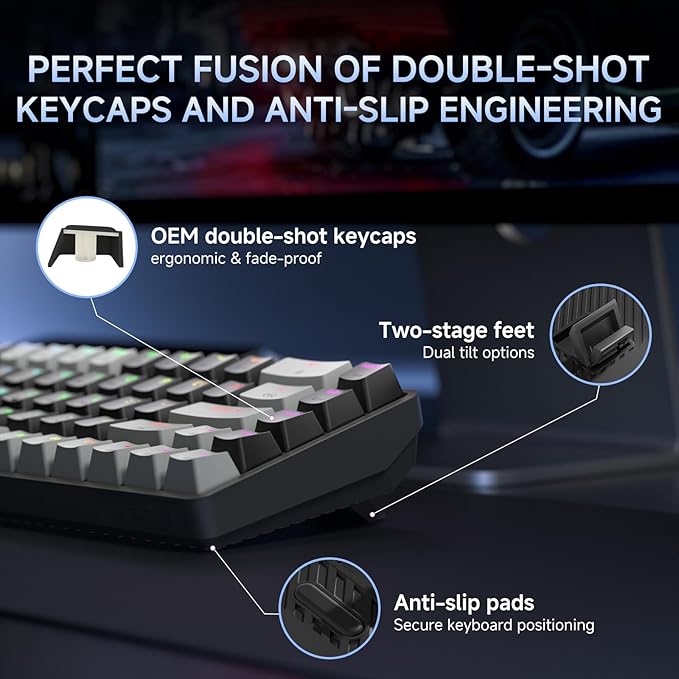 DIERYA DK68 60% Wireless Mechanical Gaming Keyboard, 3 Modes Bluetooth/2.4G/USB-C with Clicky Blue Switch, RGB Backlit, Anti-Ghosting, 68-Key Compact mini Keyboard for Windows/macOS/Linux- Grey/Black