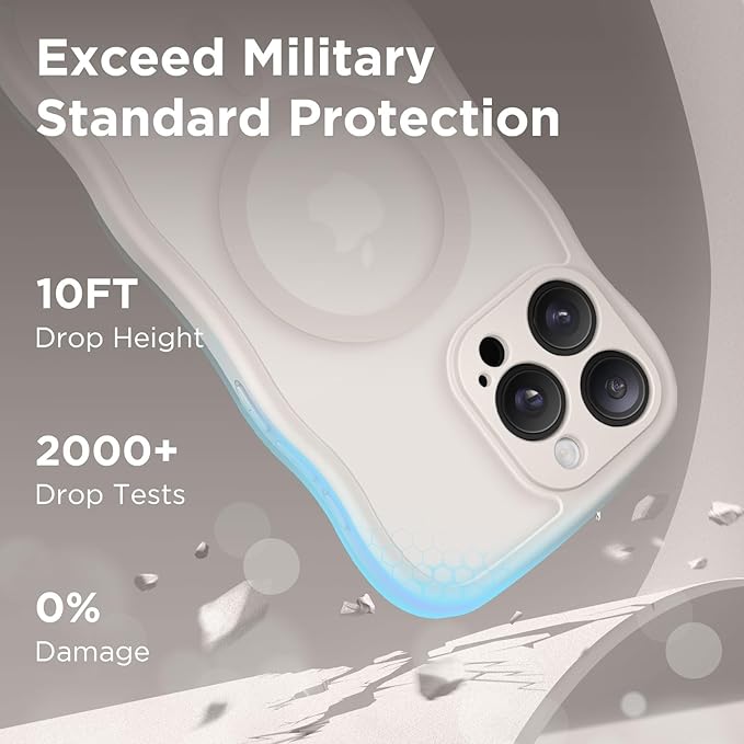 CAPRARO Cute for iPhone 15 Pro Case, Compatible with MagSafe, [Curly Wave Edge] [Full Camera Protection] [14 FT Drop Protection] Magnetic Phone Case for 15 Pro 6.1 Inch, Stone