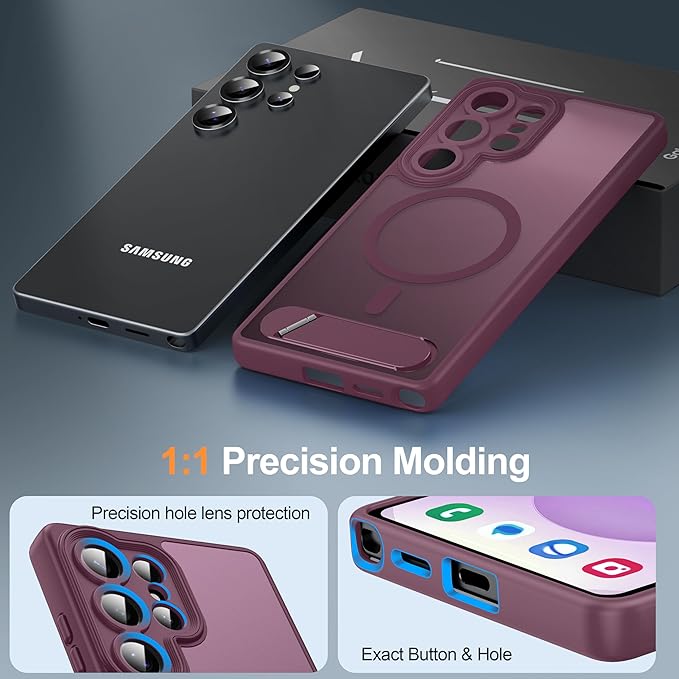 Magnetic for Samsung Galaxy S25 Ultra Case, [Compatible with MagSafe][Full Camera Protection][Built-in Invisible Kickstand] Translucent Matte Phone Case for S25 Ultra 6.9" - Wine Red