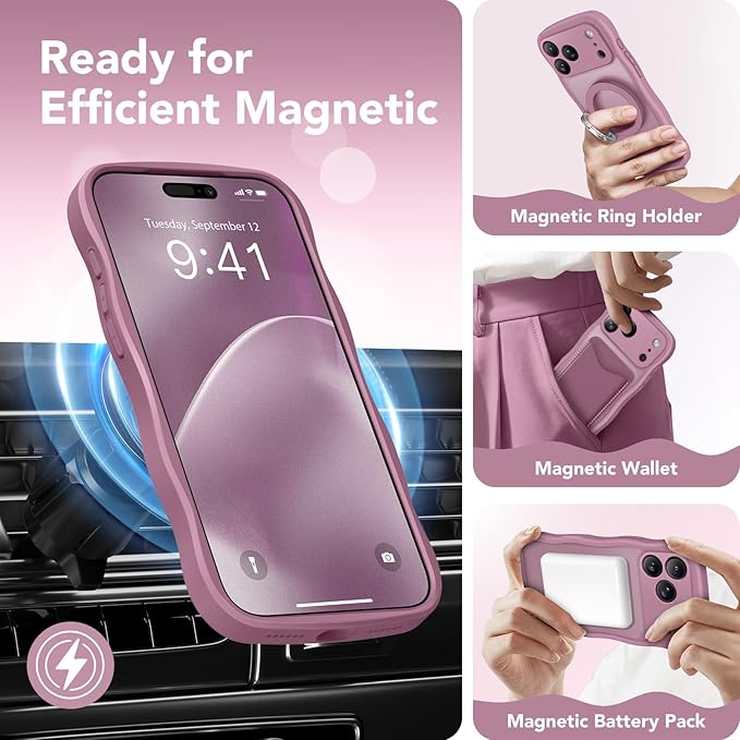 CAPRARO Magnetic for iPhone 17 Pro Case for Women Girls, Upgraded [Full Camera Protection] [Compatible with MagSafe] Cute Wave Translucent Matte Phone Case for iPhone 17 Pro, Black Currant