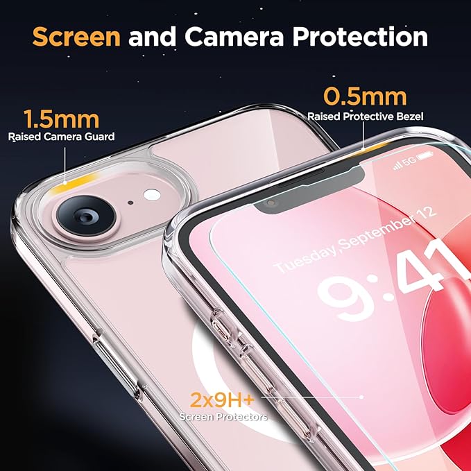 Miracase for iPhone 16e case & iPhone 17e Case for MagSafe [with 2×9H+ Screen Protectors] TOP Military-Grade Protection Shockproof with Velvet Touch for iPhone 16e/17e Phone Case 6.1", Clear