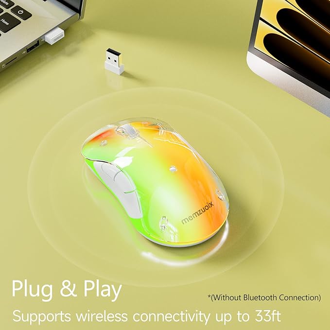 memzuoix 2.4G Wireless Mouse with Customizable Cover & 9-Color LED - Rechargeable Ergonomic, 1400 DPI, 5 Buttons, USB Receiver for PC/Mac - Yellow
