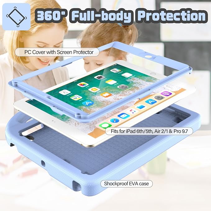 YIHE Shockproof Kids Case for iPad 6th/5th Generation (9.7 inch, 2018/2017), iPad Air 2/1 & Pro 9.7 | Durable Protective Cover with Built-in Screen Protector & Stable Stand, Light Blue