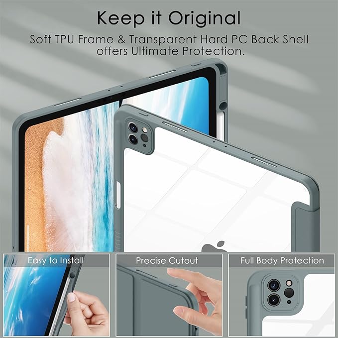 Soke Case for iPad Pro 12.9 Inch (6th/5th/4th/3rd Generation, 2022/2021/2020/2018) - Pencil Holder + Auto Sleep/Wake + Camera Protection, Transparent Shockproof Back Cover, Gray