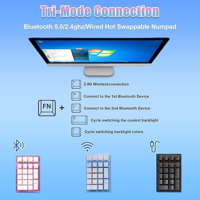 BOYI TD21 HotSwap Mechanical Numeric Keypads,21 Keys Mini Numpad Portable Keypad BT5.0/2.4G/Wired Keyboard RGB Number Pad Wireless Numeric Keypad(Purple Color with OEM Profile Pudding Keycaps)