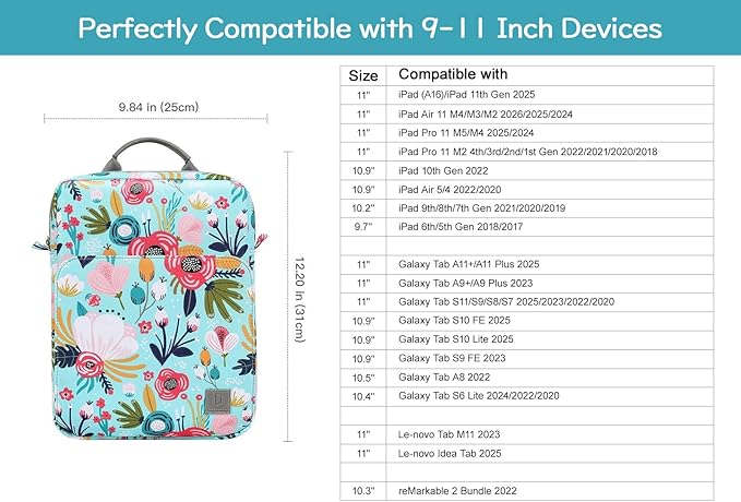 Dadanism 9-11 Inch Tablet Sleeve Bag Carrying Case with Shoulder Strap for iPad (A16) 11", iPad 10th Gen 10.9", iPad Air M4/Pro M5 11", iPad 9/8/7th 10.2", Galaxy Tab A11+ Plus 11",Grass+Flower