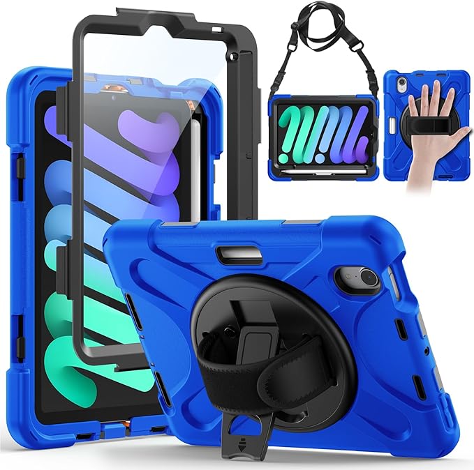 Gerutek Case for iPad mini 7 (A17 Pro) 2024/Mini 6 2021 8.3 inch, Shockproof Cover for iPad mini 7/6th Generation with Screen Protector, 360° Rotating Stand, Hand/Shoulder Strap, Pencil Holder-Blue