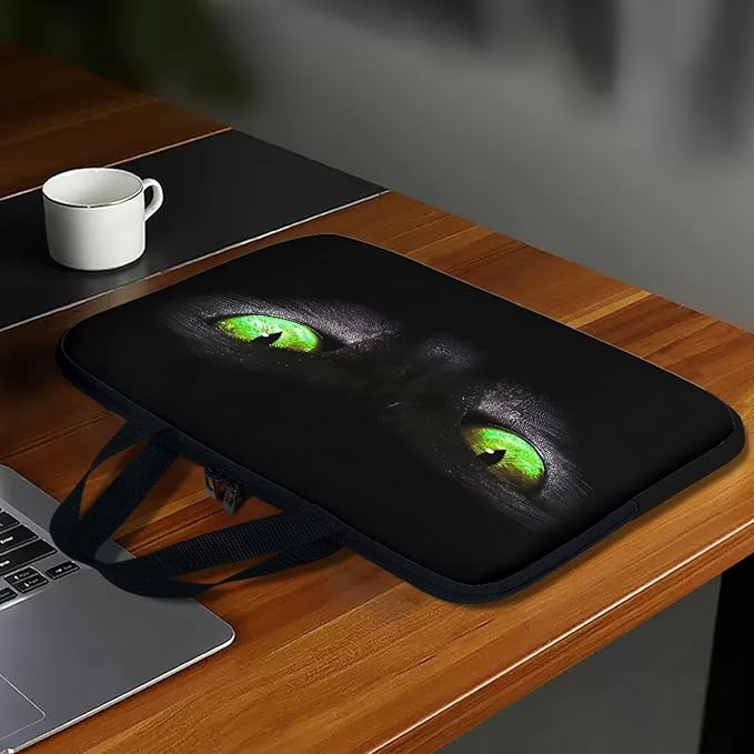 17 Inch Laptop Sleeve, Black Cat Green Eyes Laptop Cover Computer Bag Tablet Carrying Case with Handle, Funny Printed Notebook Case Handbag Briefcase Shoulder Bag for Office/School