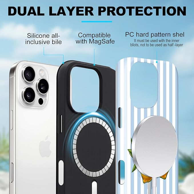 Magnetic for iPhone 11 Case Cute Lemon Stripes Phone Case, Shockproof Slim TPU and Hard PC Protective Phone Cover Compatible with MagSafe Designed for Women Girls, Blue