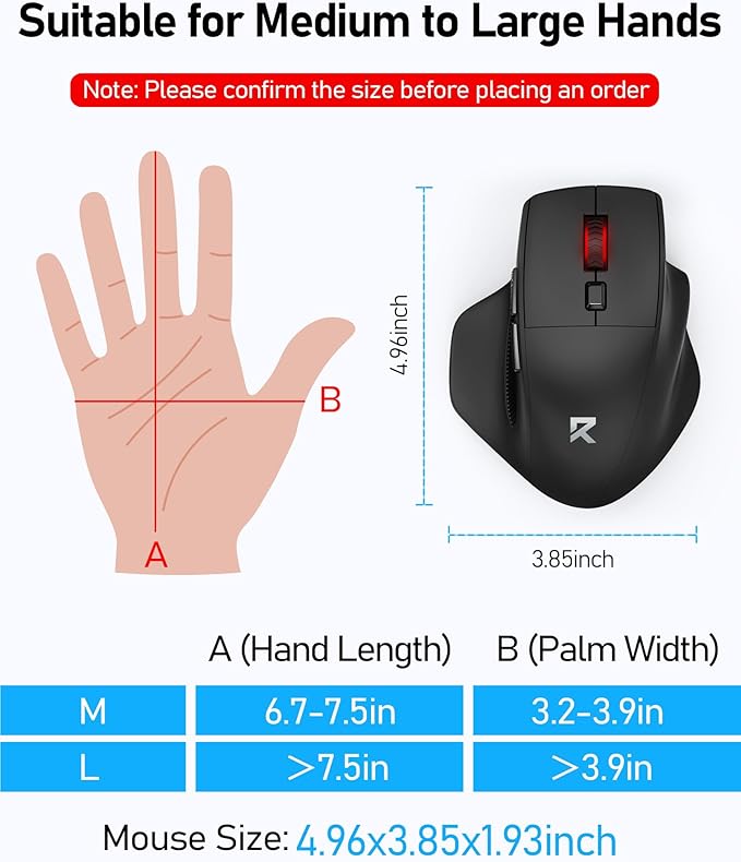 Redragon Big Wireless Mouse for Medium to Large Hands, 2.4GHz Ergonomic Computer Mouse, 6 Buttons, 4000 DPI, Full Sized USB Optical Mouse for Laptop, PC, Chromebook