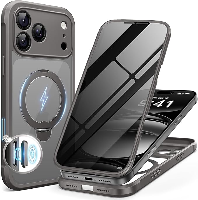 BERFY for iPhone 17 Pro Case, Compatible with MagSafe, Built in Privacy Screen Protector, Shockproof Full Body Phone Case for 17 Pro with Magnetic Stand, Clear Grey