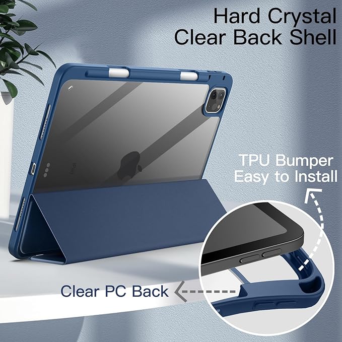 JETech Case ONLY for iPad Pro 11 Inch (2022/2021/2020/2018) with Pencil Holder, Clear Transparent Back Shell Slim Stand Shockproof Tablet Cover, Auto Wake/Sleep (Navy)