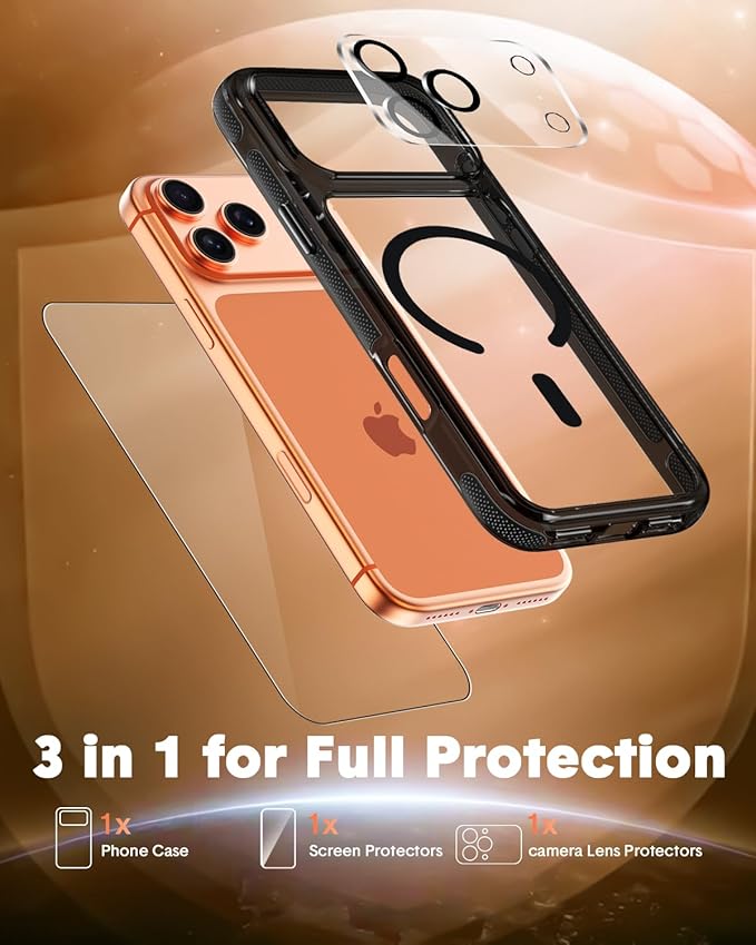 3-in-1 for iPhone 17 Pro Case with Screen Protector & Camera Cover, N52 Magnetic Phone Case Compatible with MagSafe, Non-Slip Matte Smoky Black Bumper with Clear Back, Anti-Scratch Protective Kit