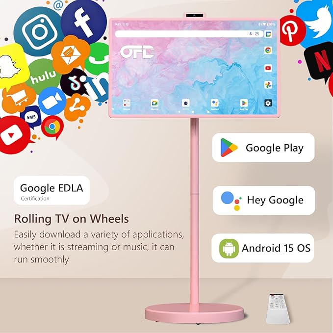 OFD 32" Portable TV on Wheels FHD,Android15 OS,Touchscreen TV with 8+128GB Storage,Rolling TV Built-in Battery 6-8H Play Time,Portable TV Tablet with Remote & Vioce|8MP Webcam|Speaker,Fully Rotatable