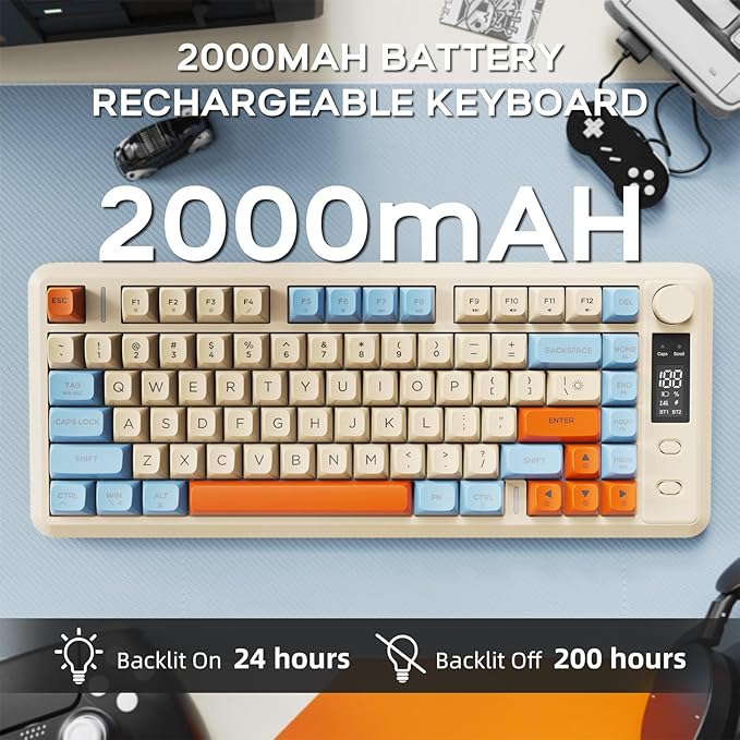 FREEWOLF M75 Wireless Mechanical Feel Gaming Keyboard Bluetooth/2.4Ghz Membrane with Knob & OLED Display Rainbow Backlit Gradient PBT Keycaps 2000mAH Battery Anti-Ghosting-Blueberry