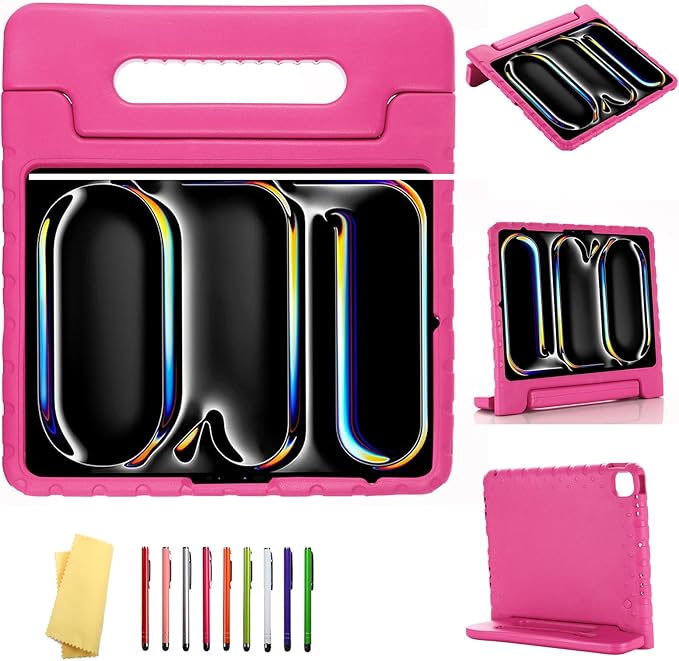 Kids Case for iPad Pro 13 inch M5/M4 (2025/2024) with Pencil Holder/Convertible Handle Stand Shockproof Slim Lightweight Cute Soft EVA Heavy Duty Rugged Kickstand Cover for Children, Rose