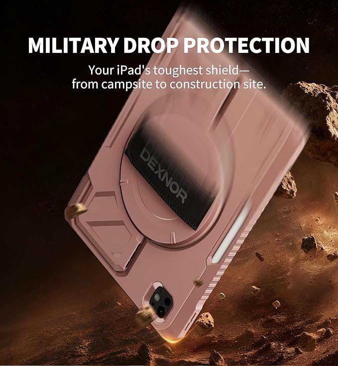 Dexnor for iPad Pro 11 inch Case M5 2025/M4 2024, Rugged Protective Case with 360° Rotating Hand Strap & Large Steady Stand & Screen Protector & Pencil Holder Shockproof Full-Body Bumper Cover, Pink