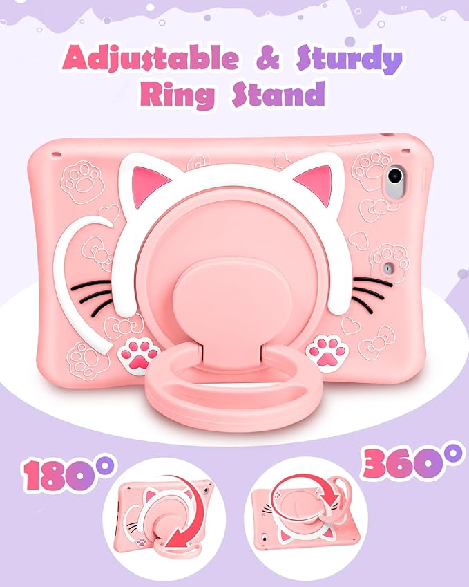 Wazzasoft for iPad mini 1/2/3 Case 7.9 Inch Girls Cute Cat Kawaii Cover Girly 3D Cartoon Women Kitten with Rotating Handle Stand & Strap Soft Silicone Funda for Apple iPad mini 3rd/2nd/1st Gen Cases