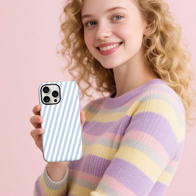 Magnetic for iPhone 15 Case Cute Diagonal Stripes Phone Case, Shockproof Slim TPU and Hard PC Protective Phone Cover Compatible with MagSafe Designed for Women Girls,Blue