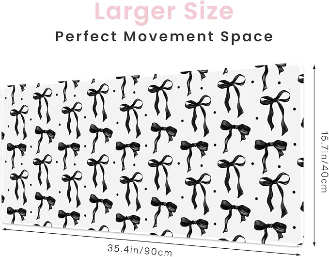 White Mouse Pad with Black Bows, Cute Desk Mat Bow Keyboard Mat for Computer Laptop Non-Slip Rubber Base, Large Office Mat Girly Desktop Décor Accessories Office Supplies for Girls Women 35.4 x 15.7in
