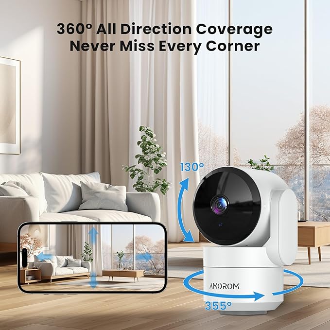 AMOROM Indoor Camera for Home Security 360°, 1080p Pet Cameras with Pan&Tilt, Night Vision, Motion Detection, 2-Way Audio, Compatible with Alexa/Google Assistant, 2.4GHz WiFi, 2 Pack