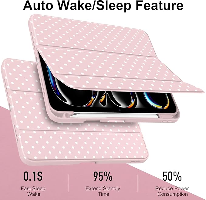 Case for iPad Pro 13 Inch (M5 2025 M4 2024) – [Built-in Pencil Holder], Shockproof & Stylish, Clear Hard Back + Soft TPU Edge, Magnetic Trifold Stand, Auto Wake/Sleep, Pink White dot