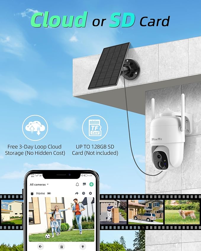 MaxiViz Solar Security Camera Wireless Outdoor, 360° View Qutdoor Cameras for Home Security with AI Motion Detection, 2K Color Night Vision, Two-Way Talk, IP66 Weatherproof, SD/Cloud Storage