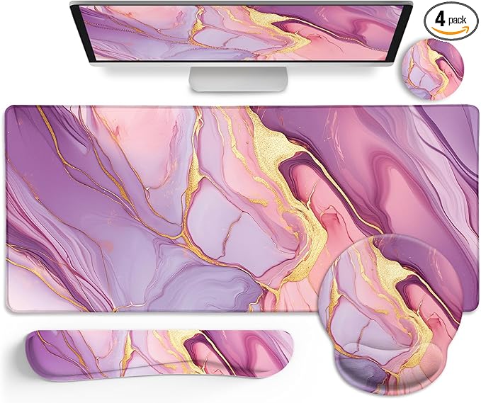 LIMKRIAN Marble Mouse Pad Set Large Desk Matt for Desktop, Ergonomic Mouse Pad with Wrist Rest for Gaming Wrist Support Keyboard Mat Cup Coaster Set Office Desk Decor Accessories