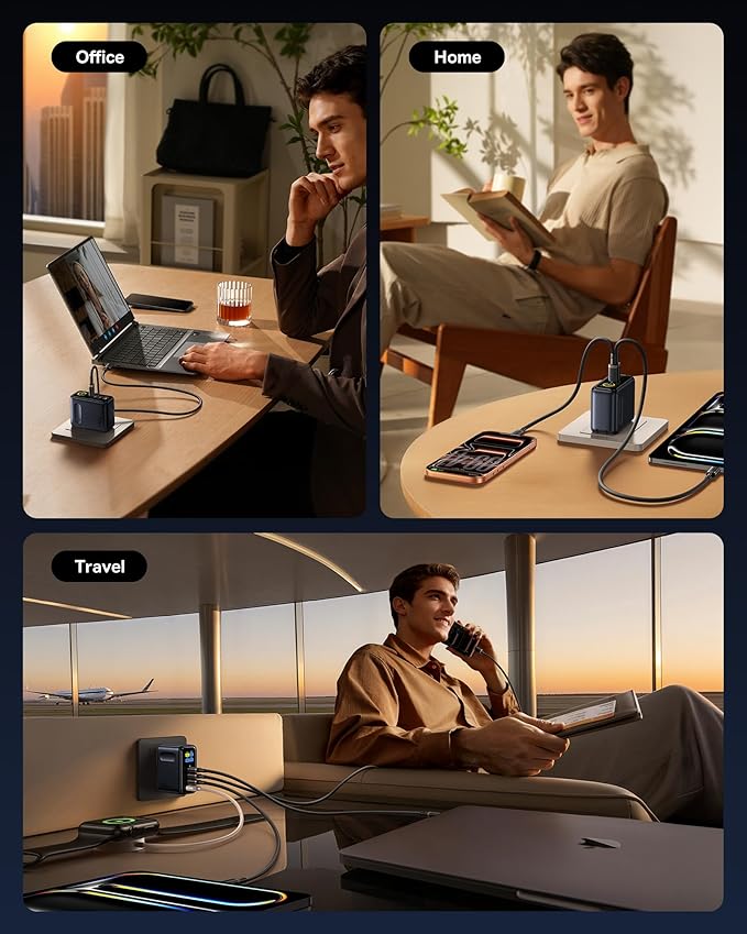 Baseus Picogo 140W USB C Charger, 4-Port Multi-Device Fast Charging Laptop Charger with Smart Display & Touch Control, GaN Power Adapter for MacBook Pro, iPhone 17/16, Pixel, Steam Deck