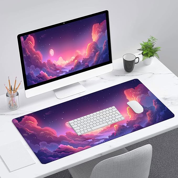 Kawaii Clouds Desk Pad Mouse Pad Anime Cute Pink Purple Large Gaming Mouse Mat with Stitched Edges,Non-Slip Waterproof Rubber Base Mous Mat 31.5"x11.8" Office Computer Keyboard Laptop Home