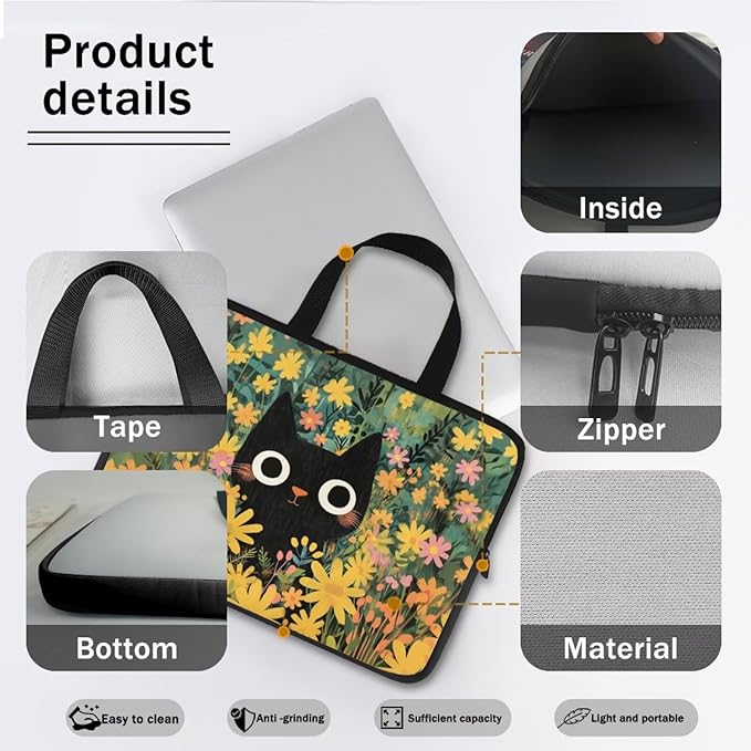 17 Inch Black Cat Flowers Laptop Sleeve Case, Sturdy Computer Bag Tablet Carrying Case with Handle, Tote Bags for Work/School/Travel, Large Capacity Notebook Messenger Briefcase
