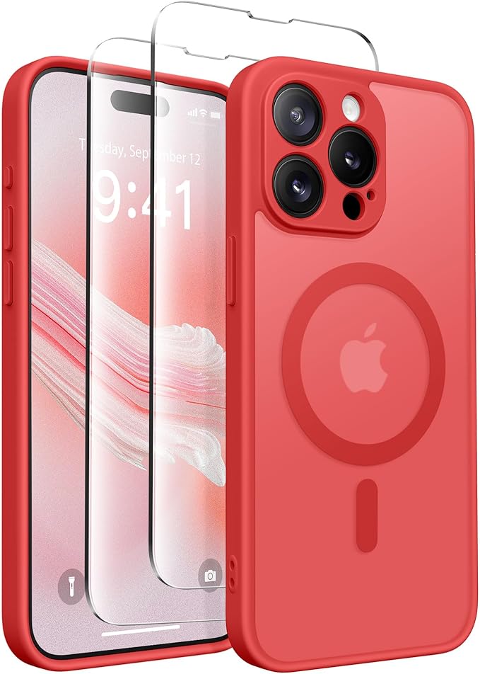 CAPRARO Magnetic for iPhone 15 Pro Case, [Compatible with MagSafe] [Full Camera Protection] Shockproof Protective Slim Translucent Matte Phone Case for iPhone 15 Pro 6.1'', Watermelon Red