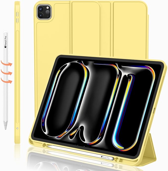 iMieet Case for iPad Pro 11 Inch (M5) 2025 /(M4) 2024 5th Gen, Trifold Stand Smart Cover with Pencil Holder and Soft TPU Back, Auto Wake/Sleep (Yellow)